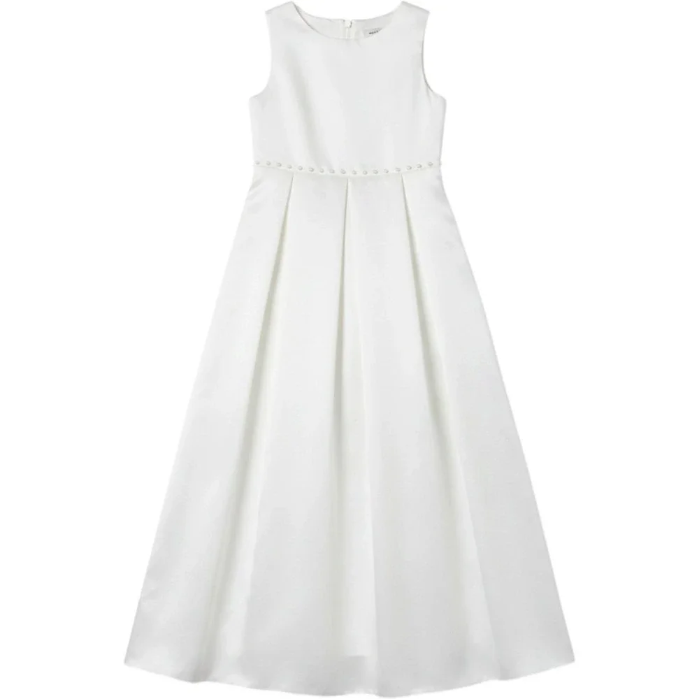 White Satin Flower Girl Dress Pearl Waist Back Bow Size 10 NEW